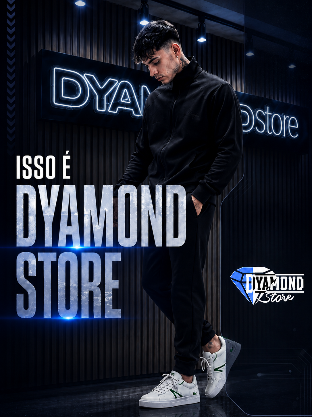 Dyamond Store — loja multimarcas em Campo Largo, conjunto preto e tênis Lacoste